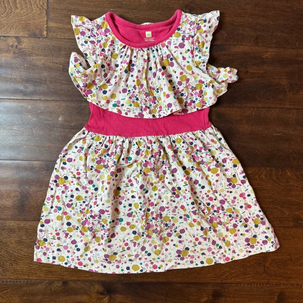 Tea Collection‎ Girls Pink Geometric Confetti Ruffle Flutter Sleeve Dress Size 4